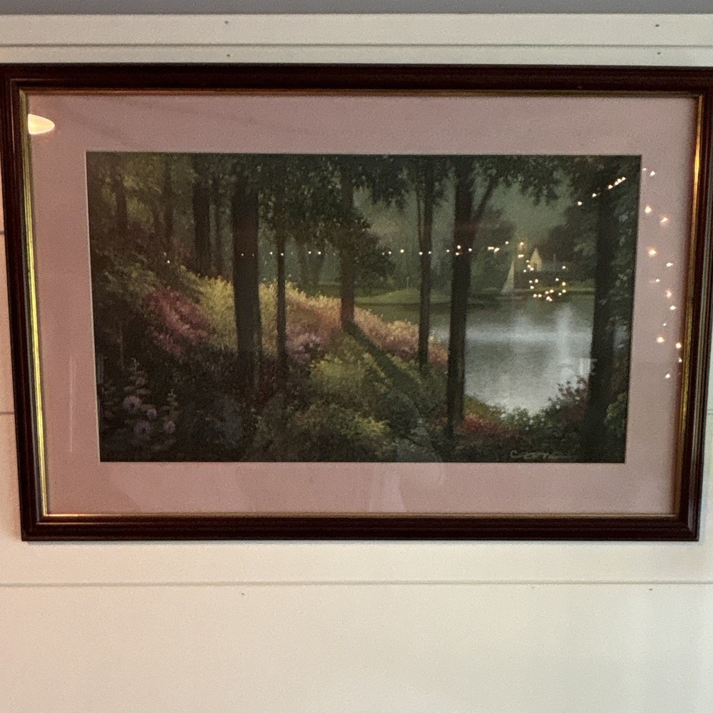 Signed Landscape Print Forest Lake, Matted & Framed Paper Art